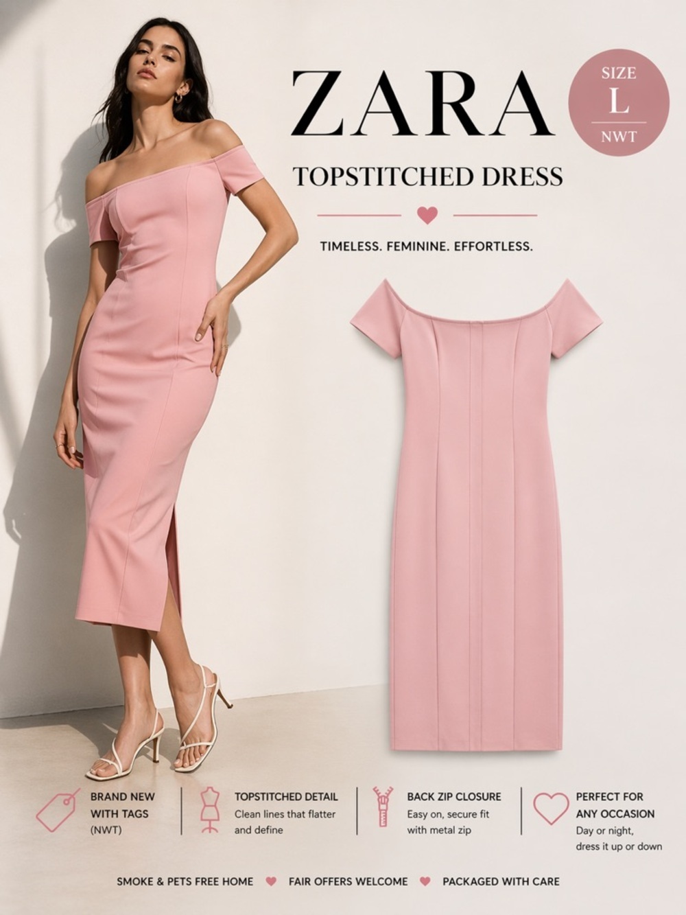 ZARA Pink Off Shoulder Midi Dress NWT Size L Topstitched Fitted Occasion Dress